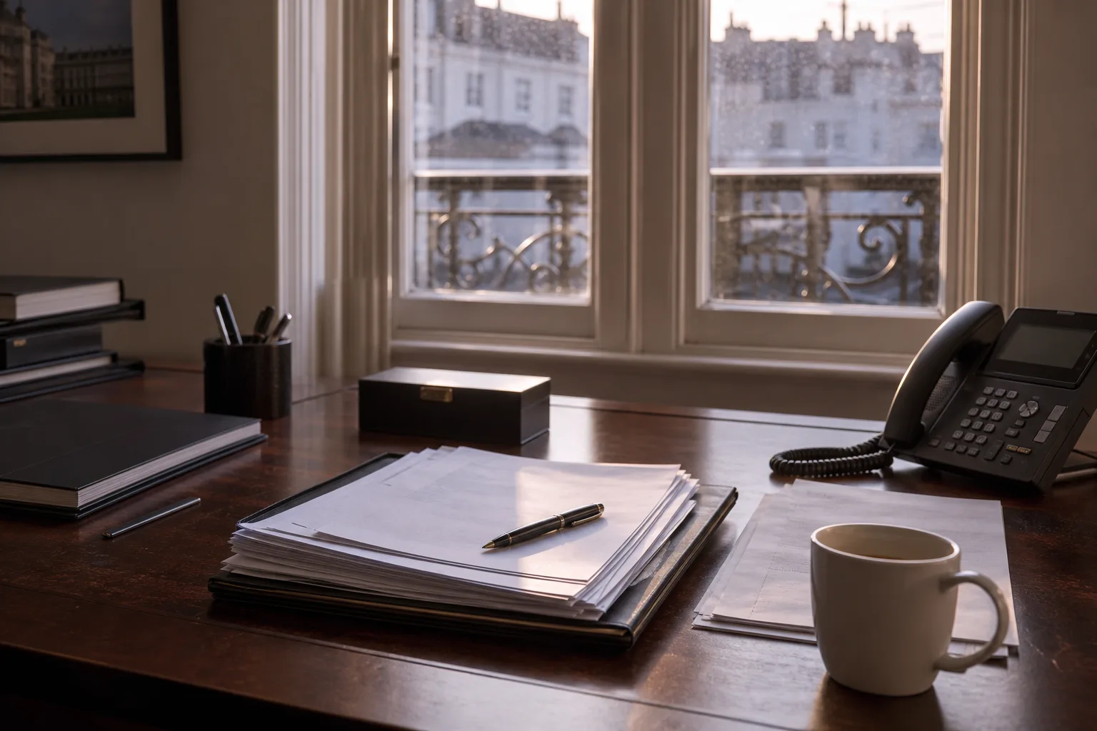 Editorial desk with paperwork, phone and coffee