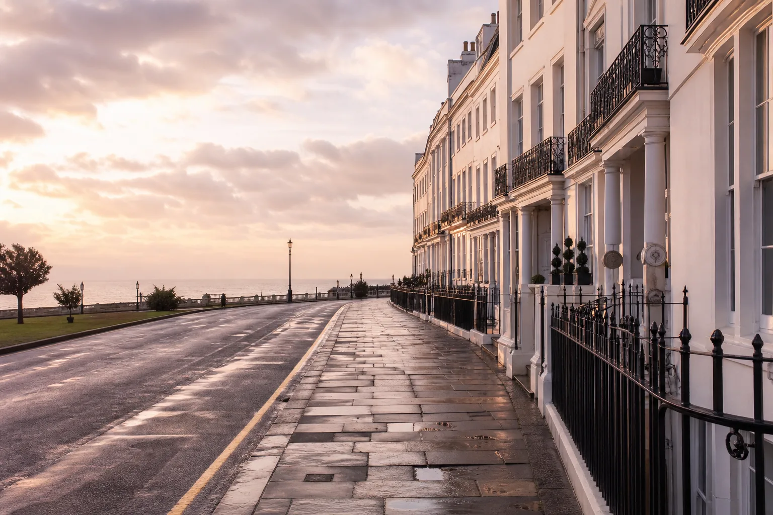 Regency seafront crescent in Brighton after rain at golden hour