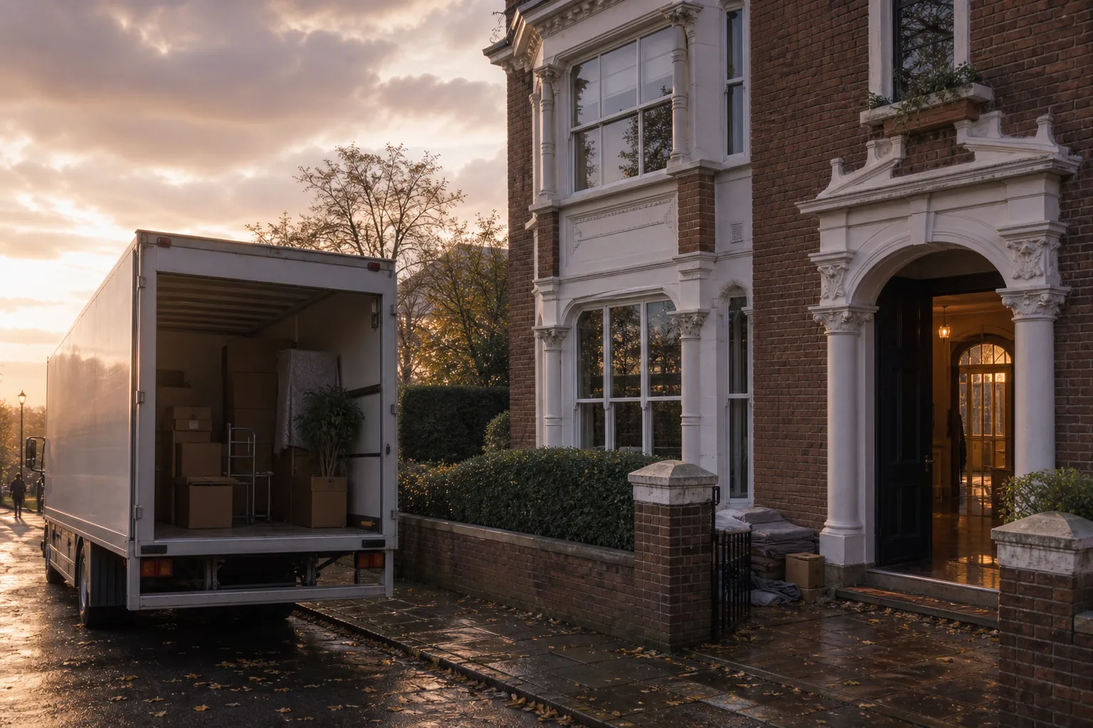 Removals van outside a Preston Park villa in end-of-day light
