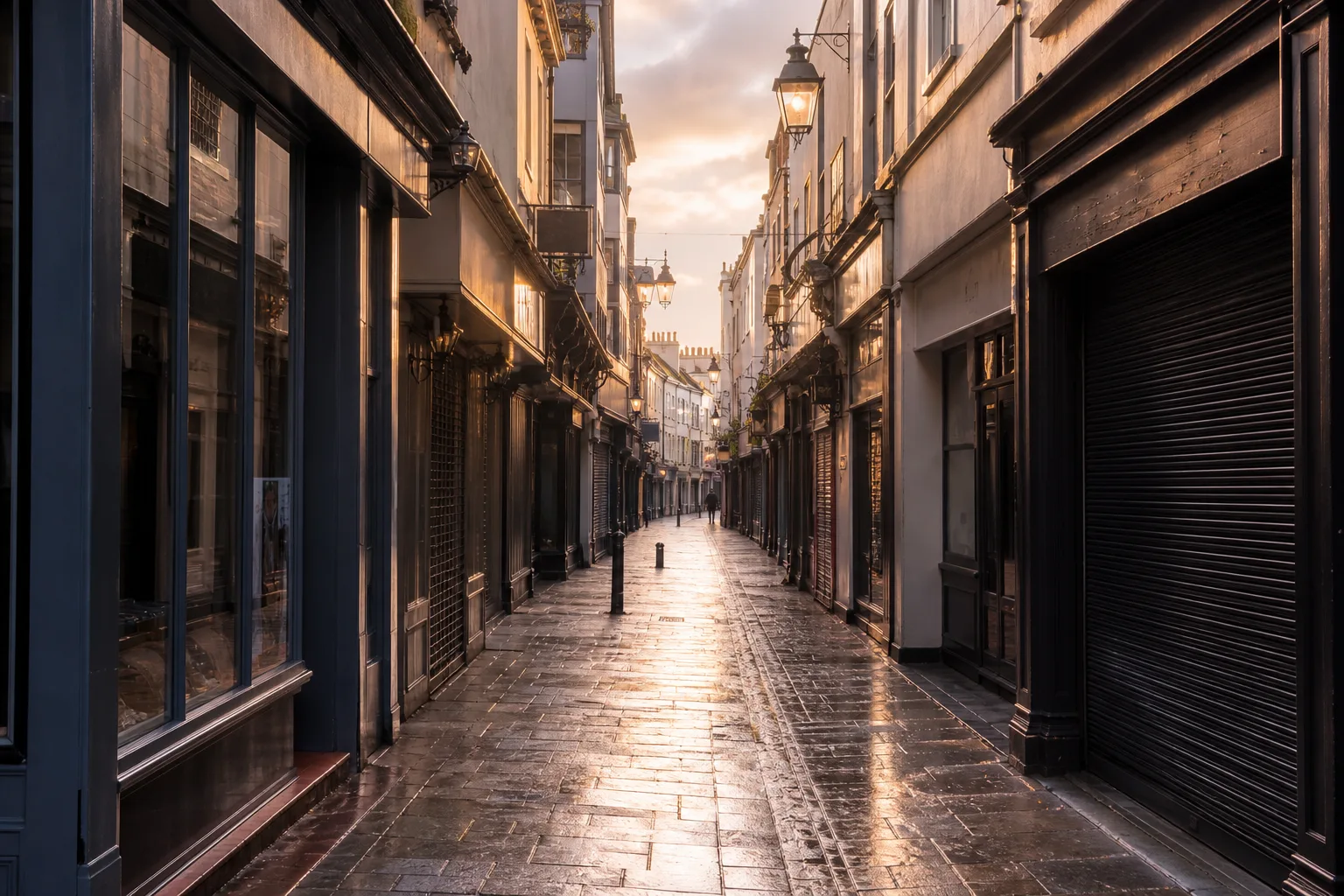 Narrow Lanes alleyway between independent retail units after rain