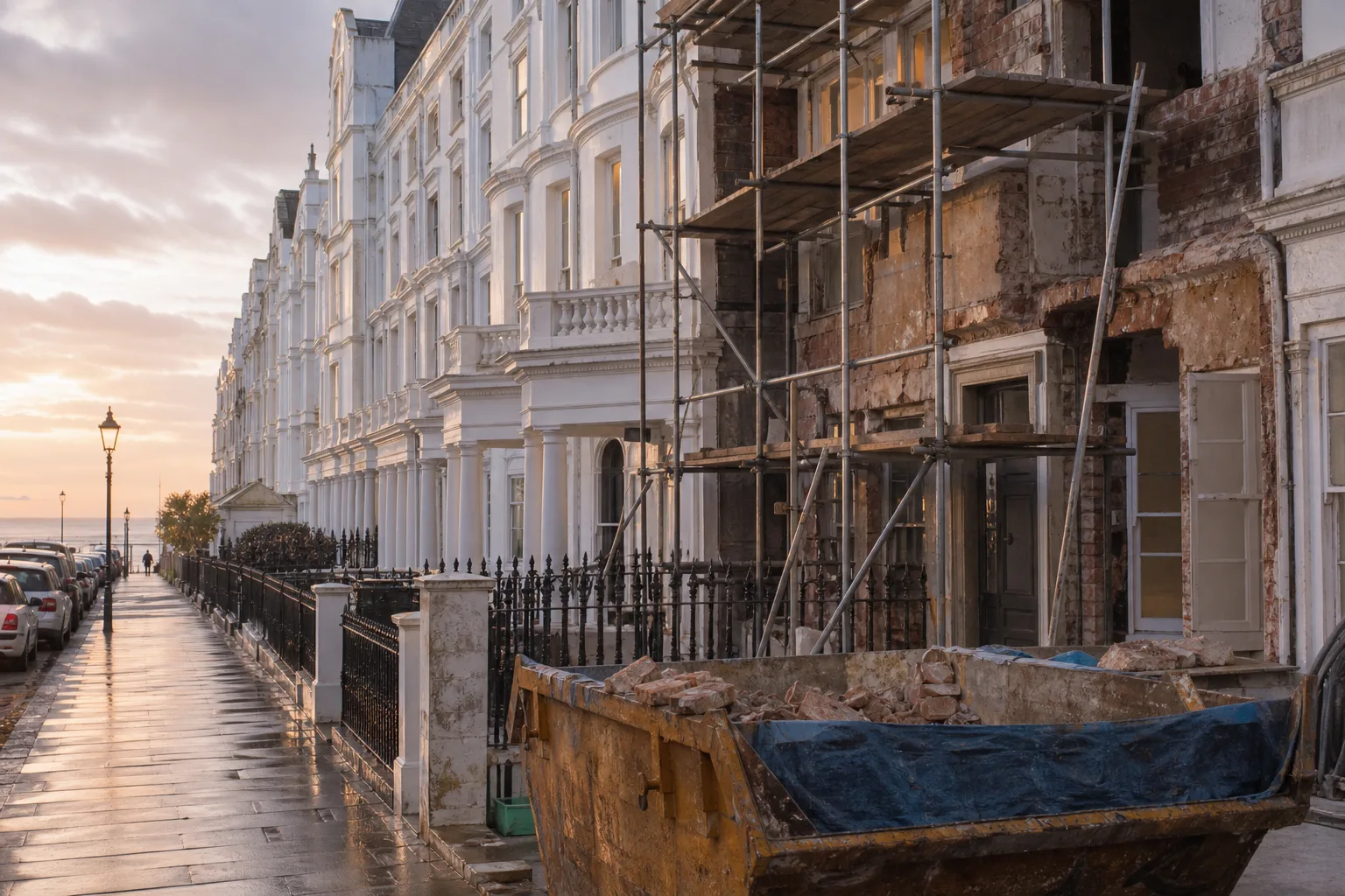 Victorian Brighton terrace under refurbishment with scaffolding