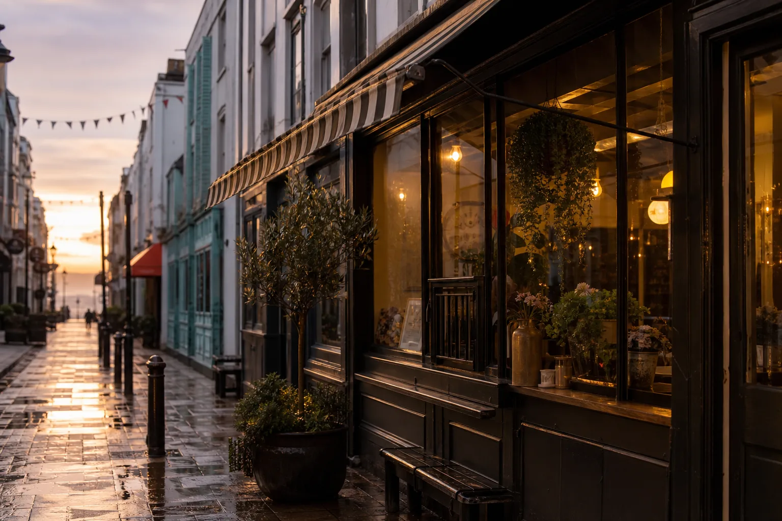 North Laine independent shopfront with awning after rain